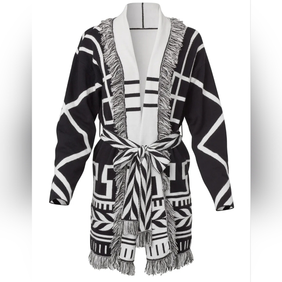 VENUS Black and White Southwestern Geometric Fringe  Belted Cardigan NWOT Small - Picture 6 of 11